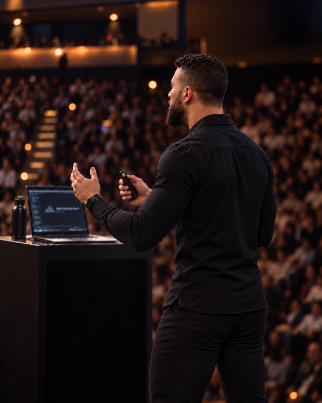 Tony Canty presenting from a podium to a full auditorium audience